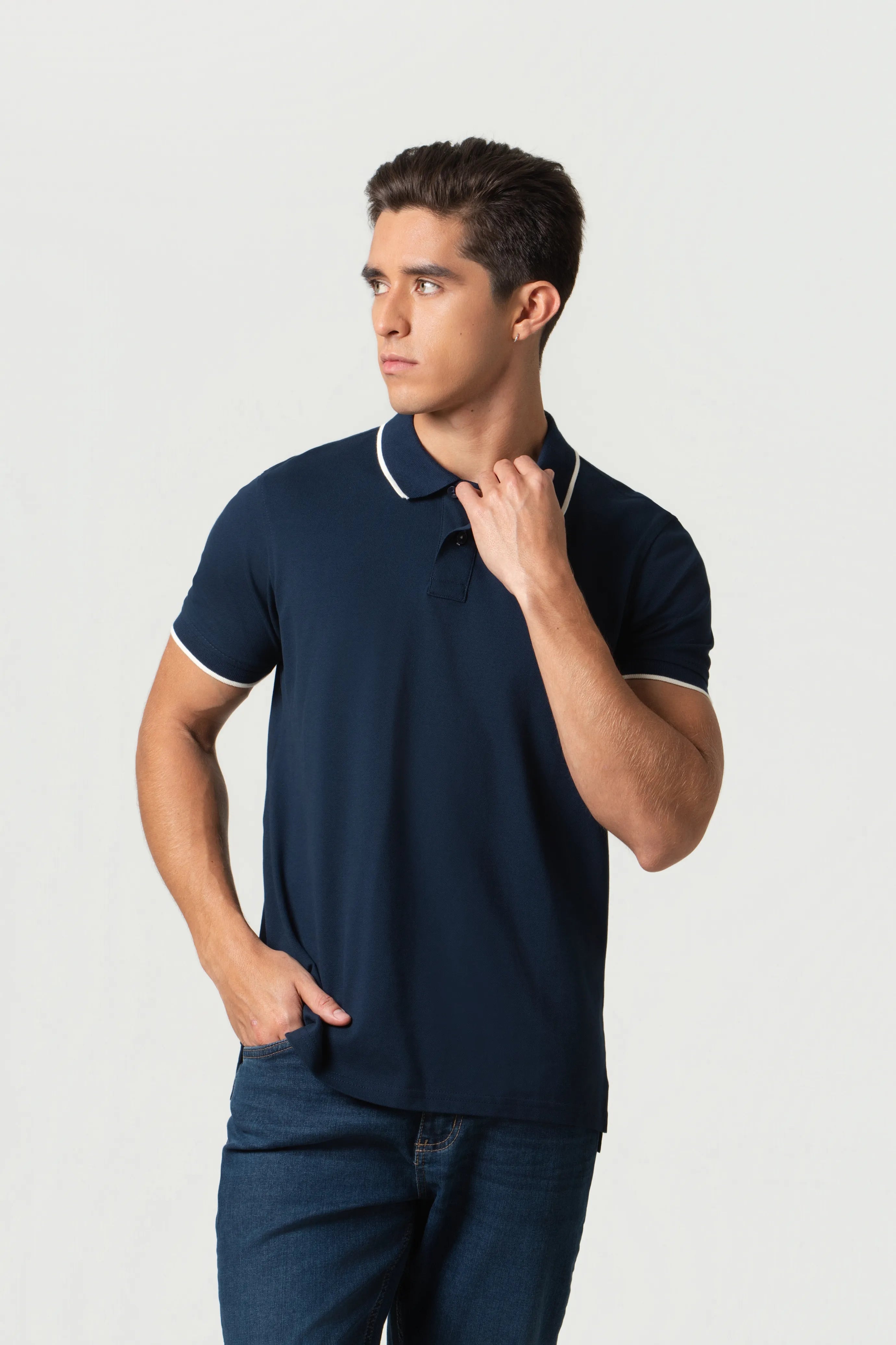 POLO TIPPING COLOR AZUL OSCURO-WHITECAP GRAY